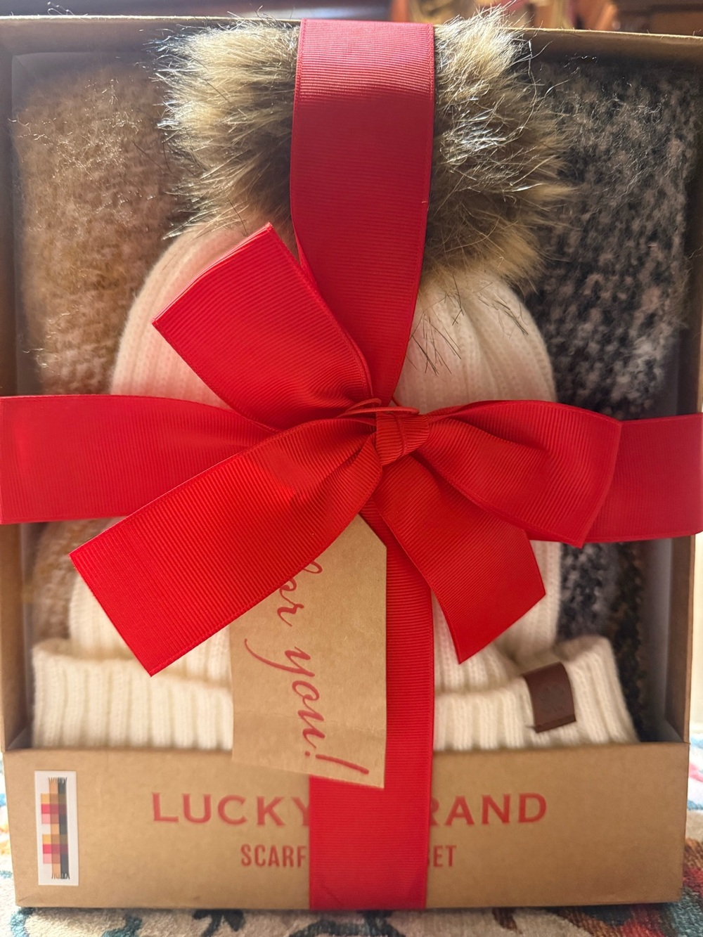 Lucky Brand Cream Pom Pom Beanie and Scarf Gift Set - Cream